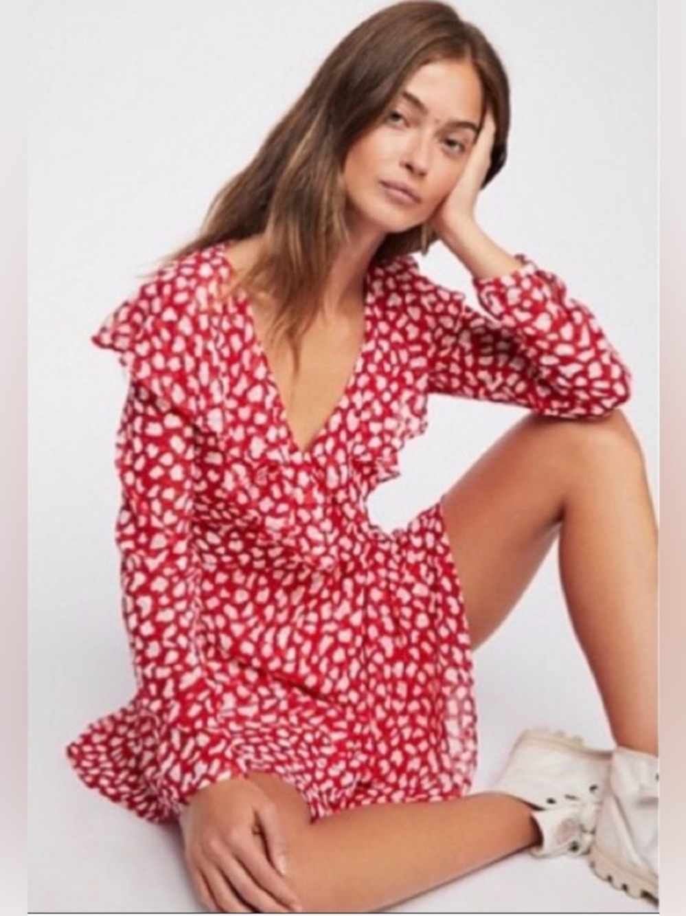 Free People Ruffle Dot Print Wrap Dress Red White Sz XS.    NWOT 🏷️
